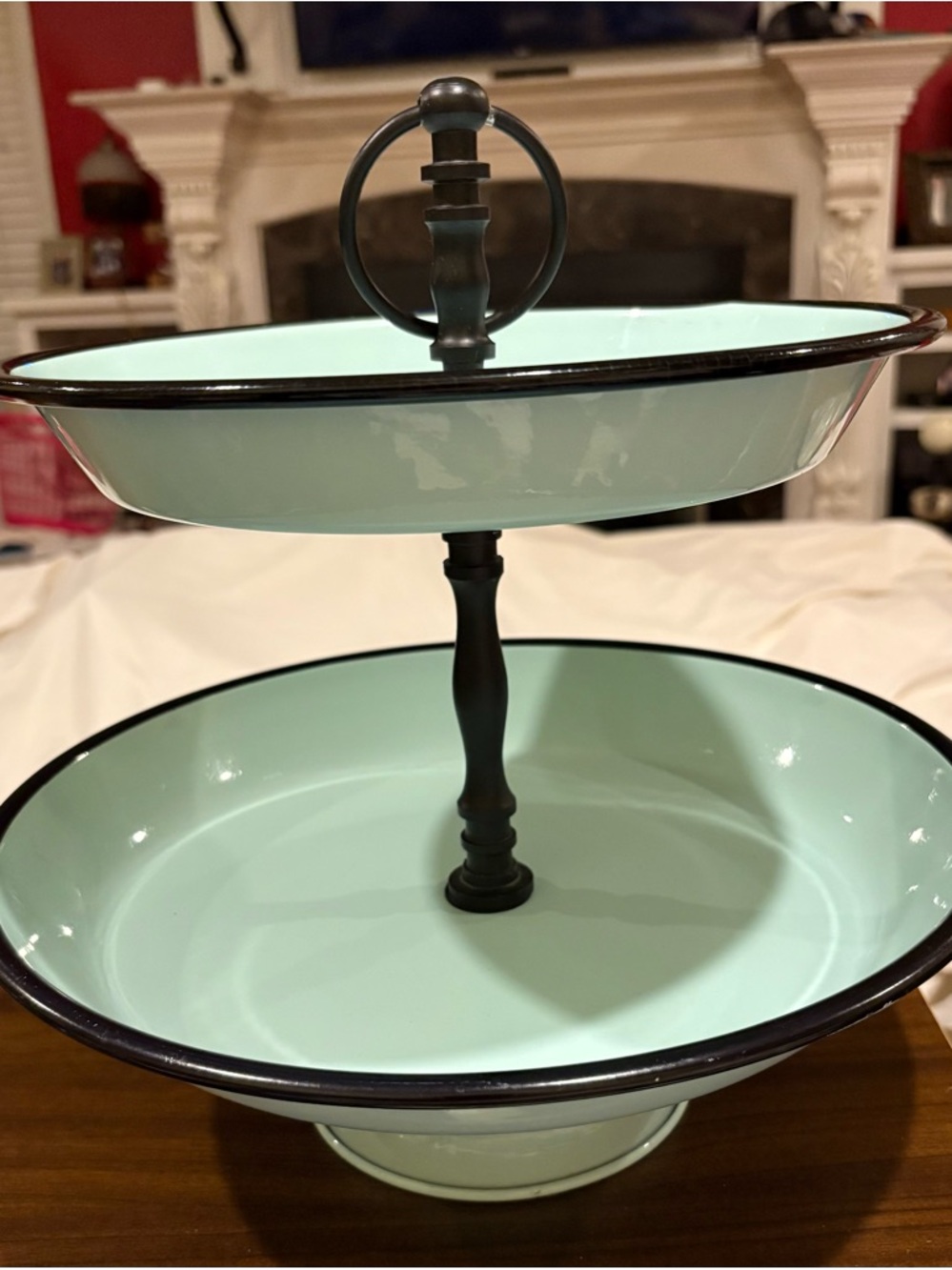 Two-Tier Enamel Server in Mint with Black Trim